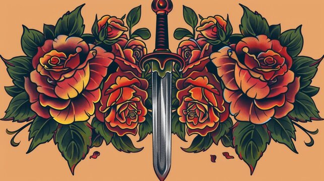 Classic American tattoo art showcasing a traditional rose with vivid, solid fill colors and stark, bold lines, featuring a vintage pin-up girl