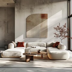 interior design elements in a living room featuring a white couch adorned with red and brown pillows, a brown and wood coffee table, and a small tree the room is accented with a