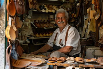 Old man selling leather shoes in a shoe shop