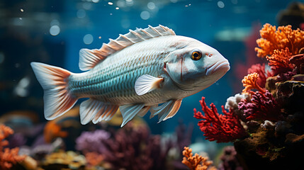 A majestic tropical fish with striking colors and patterns glides through a vibrant coral reef in a mesmerizing underwater scene, showcasing marine biodiversity