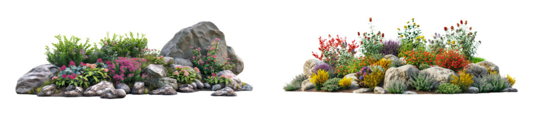 Collection of garden with shrubs flowers and rocks isolated on transparent or white background
