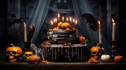 This spooky Halloween arrangement features a table set with pumpkins, candles, skulls, and eerie decorations against a dark, haunted backdrop