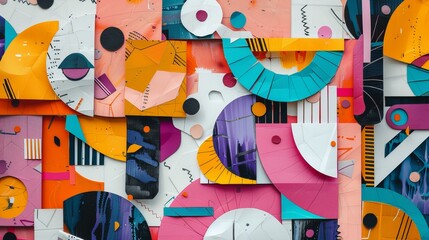 abstract background of captivating and vibrant 3D artwork composed of geometric shapes forming whimsical faces, blending modern art styles with a playful and colorful aesthetic