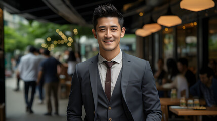 A stylish young man in a dark suit stands confidently with a blurred café setting and patrons in the background, conveying a relaxed yet professional vibe