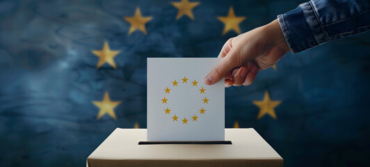 A person casting a vote into a ballot box against a backdrop featuring the European Union flag symbolizes democracy and civic duty within the EU