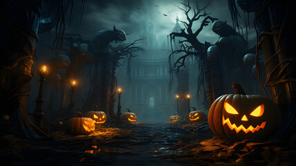 A mystical Halloween scene with glowing jack-o'-lanterns lighting up a spooky forest path leading to an ancient, eerie mansion under the haunting moonlight