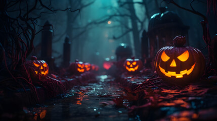 Gloomy night scene with eerie jack-o'-lanterns amongst twisted trees and fog, depicting a perfect Halloween atmosphere