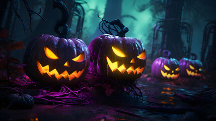 Three sinister carved pumpkins glowing in a dark, foggy forest setting, evoking a chilling Halloween atmosphere with a mysterious vibe