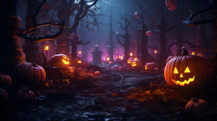 A dark, moody landscape showing carved Halloween pumpkins amidst misty, haunting graveyards with gothic ambience