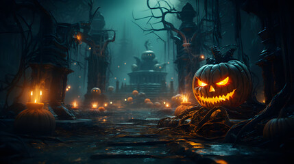 A sinister pumpkin with a carved face lights up a haunting Halloween scene in a misty, eerie forest setting with ghostly figures