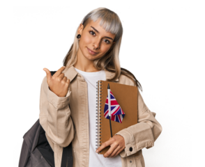 Young erasmus student with books pointing with finger at you as if inviting come closer.