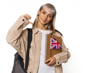 Young erasmus student with books feels proud and self confident, example to follow.