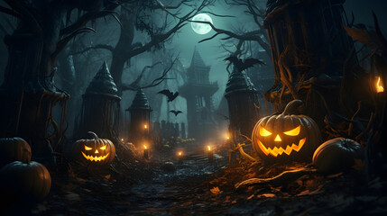 An eerie Halloween setting with carved jack-o'-lanterns lining a path through a dark, foggy forest under a full moon, hinting at folklore and horror tales