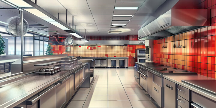 Menu Development Area Floor: Displaying a space where new menu items are developed and tested, with kitchen equipment for recipe testing and tasting