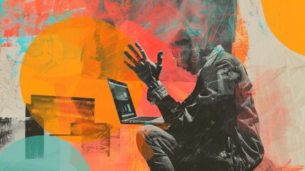 An art collage featuring a seated man in despair while holding a laptop.
