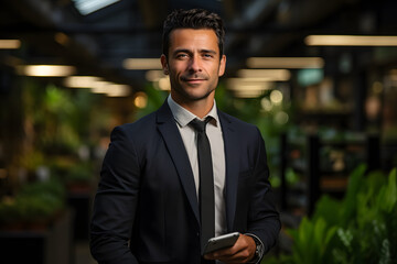 A professional man in a suit holds a phone, standing confidently in an office environment with greenery