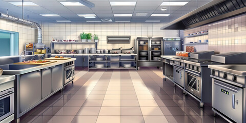 Obraz premium Menu Development Area Floor: Displaying a space where new menu items are developed and tested, with kitchen equipment for recipe testing and tasting