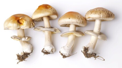 Four mushrooms are shown with their stems and roots visible. The mushrooms are of different sizes and are arranged in a row