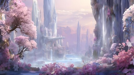 Fantasy landscape with cherry blossoms and waterfall. 3d rendering