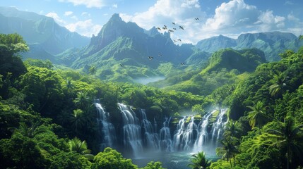 Fototapeta premium Craft an image of paradise where the scenery is alive with the sounds of cascading waterfalls and singing birds