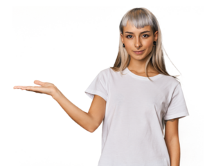 Young caucasian young woman in studio showing a copy space on a palm and holding another hand on waist.