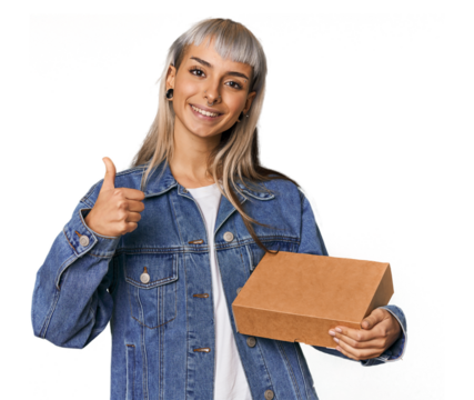 Young caucasian woman presenting a product smiling and raising thumb up