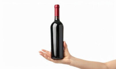 Female hand holding a bottle of red wine on white background