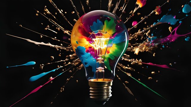 Creative design of an exploded light bulb with colorful colors got out of it. Represents new ideas, thoughts and critical thinking.