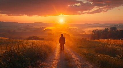 Obraz premium a contemplative man standing at the start of a long, winding road that meanders through rolling hills under a stylized, dramatic sky.