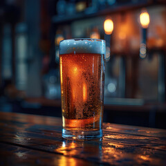 Glass of beer on a dark background with bokeh lights.
