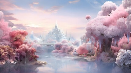 Fantasy landscape with pagoda and temple in the fog at sunset