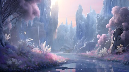 Fantasy landscape with fantasy alien planet and lake. 3d illustration