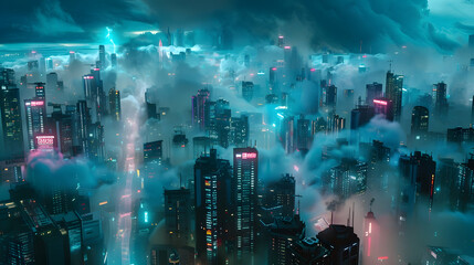 Fototapeta na wymiar A bustling metropolis submerged in neon lights beneath a cloud-filled sky