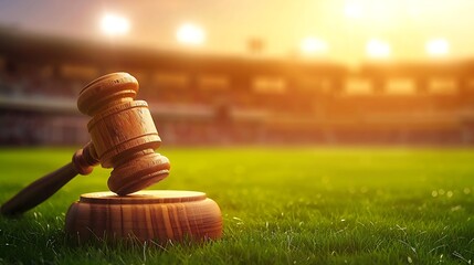 a wooden judge's gavel placed on its striking block on a lush green grass field with stadium lights