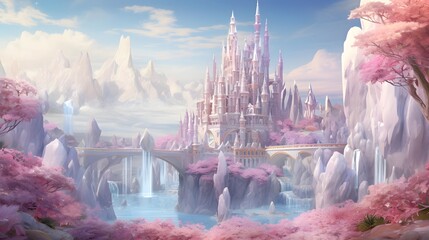3D illustration of fantasy landscape with a waterfall and a temple.
