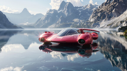 Fototapeta premium Futuristic Red Sports Car on Mountain Lake