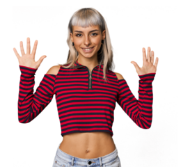 Young caucasian young woman in studio showing number ten with hands.