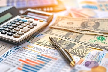 Fototapeta premium the theme of finances and accounting: a clear, close-up shot of a calculator, ballpoint pen, and scattered currency notes