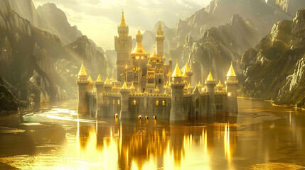 A castle surrounded by a moat of liquid gold, its towers gleaming in the sunlight.