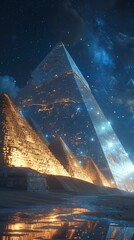 Surreal portrayal of futuristic pyramids made of glass and steel under a starry night sky, blending ancient design with modern architecture