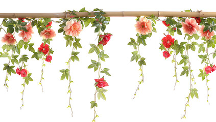 A garland of roses and ivy hanging from bamboo sticks on a white background,