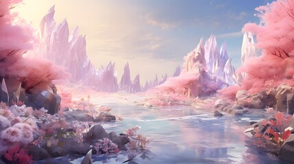 Fantasy landscape with a river and pink flowers. Digital painting.
