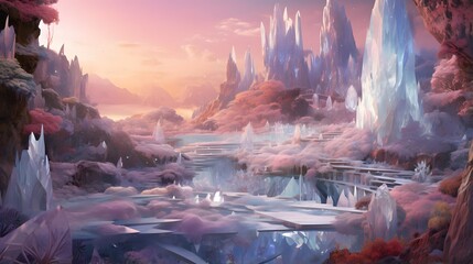 Fantasy landscape with frozen lake and mountains. 3D illustration.