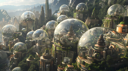 A cityscape dominated by colossal domes protecting inhabitants from extreme weather conditions