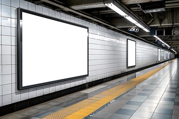 a subway station advertisement board with a clean and modern design, glossy white tiles on the walls