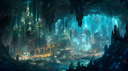 A cityscape nestled within the confines of a massive underground cavern, illuminated by luminescent crystals