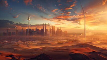 A cityscape surrounded by vast deserts, with towering wind turbines harvesting renewable energy
