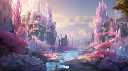 Fantasy landscape with a lake and a pink forest. 3d rendering