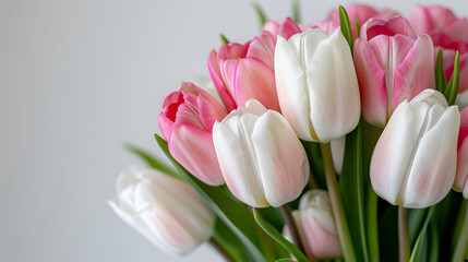 Bouquet of pink and yellow tulips on a white background Pink Tulip arrangement Tulips in a Vase, Generative Ai