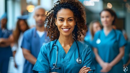 A diverse group of healthcare professionals, including doctors and nurses of various ethnicities, ages, and genders, working together in a hospital setting - Powered by Adobe